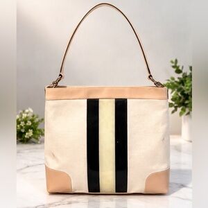 Gucci Canvas Tote Bag – Beige & Black Stripe with Gold Logo